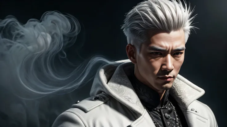 masterpiece, best quality, extremely detailed, hyperrealistic, photorealistic, a cool asian 30s man, ultra detailed face:1.1, white over coat, spike hair, white hair, outraged, nightmarish, mystical fog, smoke