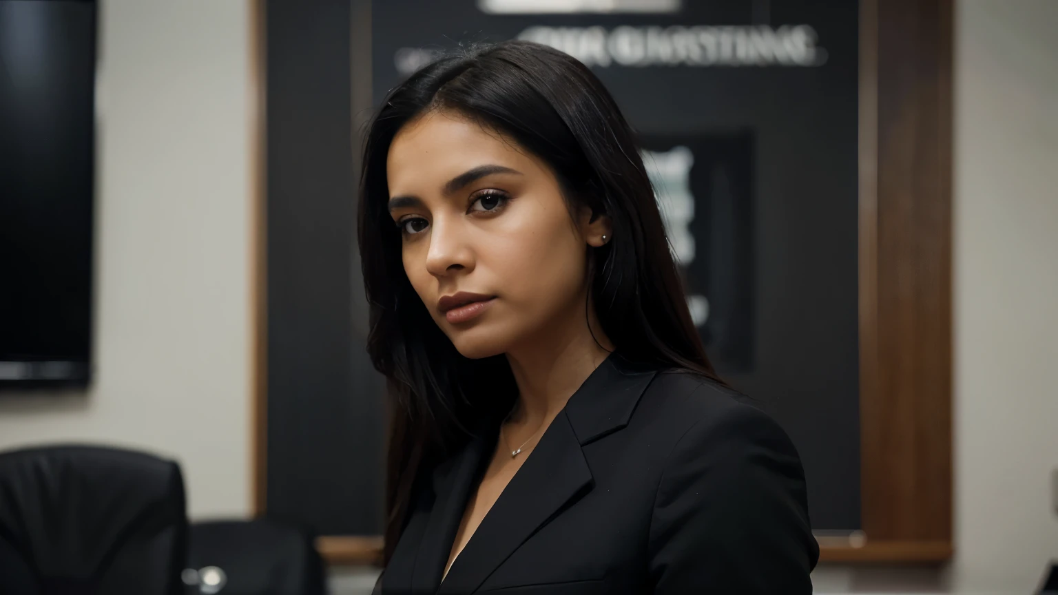 A professional Latina female lawyer with black hair and medium brown skin tone, wearing a formal and elegant black suit. The scene is serious and respectful, without any sexualization. She stands confidently, exuding professionalism. The background is a bl...