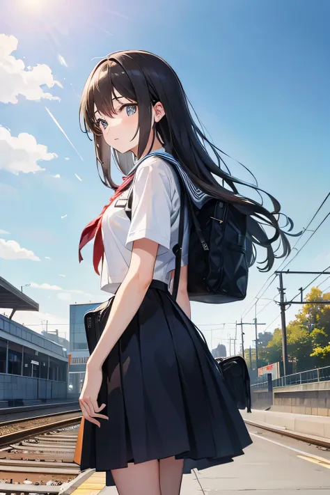 A high school girl waiting for a train at a station with an open sky