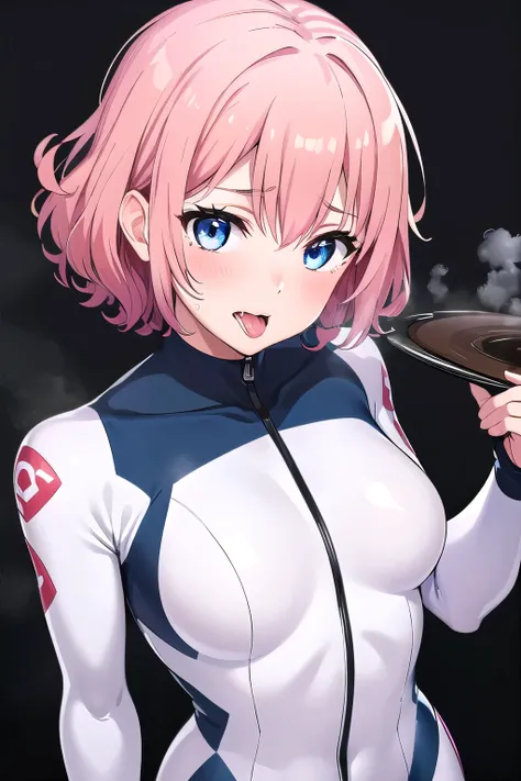 1 girl,boyish, curly hair, pink Hair, medium Breasts, glossy tight zero suit , glossy rubber suit,Cowboy Shot,blush,sexy face,blue eyes,Tight fit,clearly,(white background:1.3),(glossy:1.3), (steam:1.3), tongue out, aroused face, open mouth