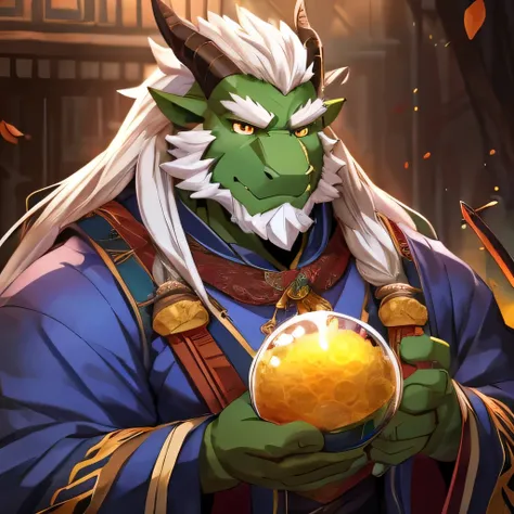 （Elderly：1.2），Older age，（Lazy：0.9），whole body，Beautiful，More details，Green skin，Golden pupils，Frontal，Dragon，Wearing Hanfu，Long hair，With a beard，（Fat-encapsulated muscle），Elderly, by littleblackalas， sword