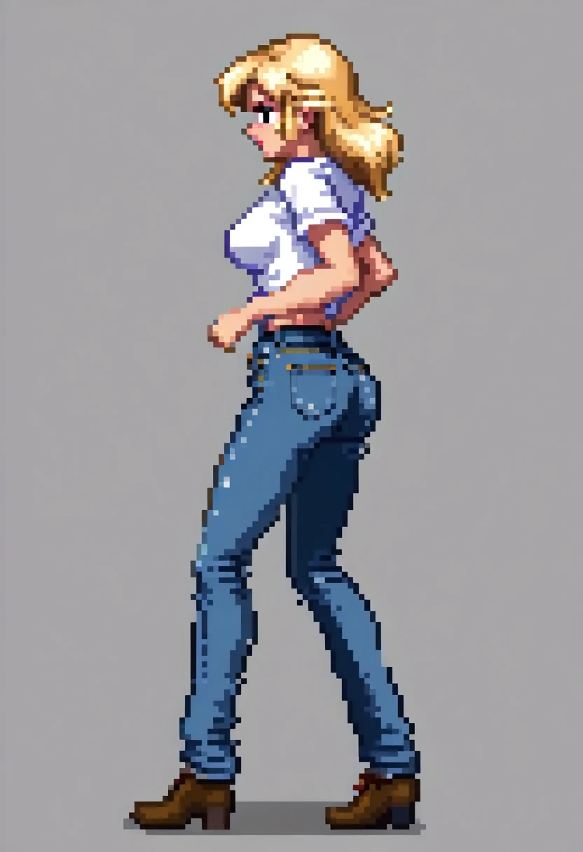 pixel art, 8 bit, female run, blonde, side view, white shirt, hot jeans, big breasts