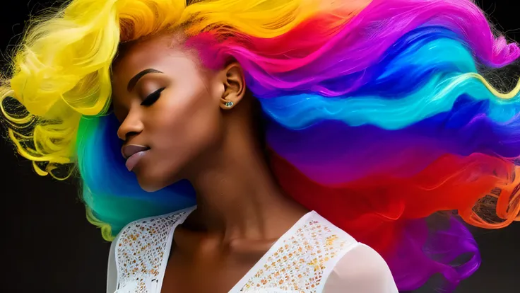 Masterpiece in the style of a white woman in profile with closed eyes and a slight smile wearing a colorful transparent dress that moves with the wind. Beautiful black woman with colorful hair