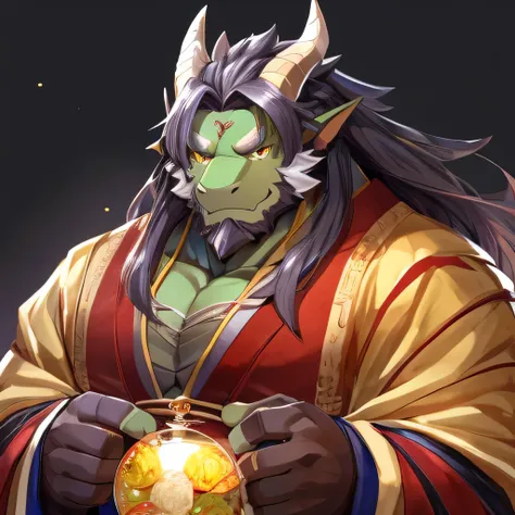 （Elderly：1.2），Older age，（Lazy：0.9），whole body，Beautiful，More details，Green skin，Golden pupils，Frontal，Dragon，Wearing Hanfu，Long hair，With a beard，（Fat-encapsulated muscle），Elderly, by littleblackalas