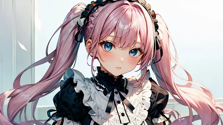 "A cute anime-style girl with pink hair styled in large, tied twin tails, light blue eyes, wearing a frilly Gothic Lolita fashion outfit based on black, a white frilly headband with many frills on her head, white tights, and white loafers."