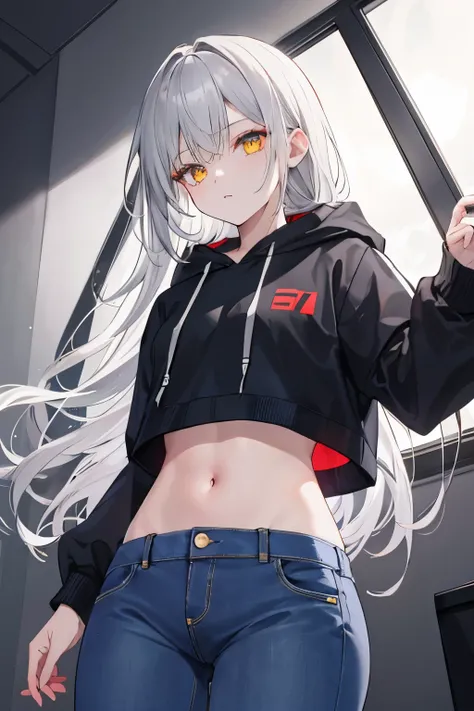 dark gray hoodie jacket,odd eyes,red and yellow eyes,light gray underwear,blue long jeans,girl,longhair,gray hair,midriff-baring