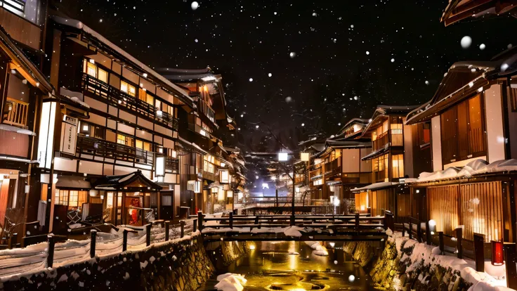 snowy night scene of a small town with a river and a bridge, in a japanese street at night, japanese street, japan at night, lux...