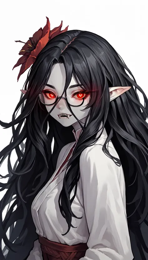 (zPDXL2), (PonyXLV6_Scores), source_anime, source_anthro, source_furry, Expressiveh, solo, three-quarter portrait, rating_explicit, looking at viewer, asymmetric image BREAK

female, semi-rimless eyewear, fangs, humanoid pointy ears, red eyes, black hair, ...