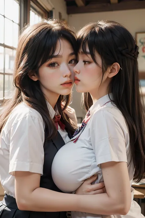 (Best Quality, Masterpiece) (breast press), (2girls lesbian kissing, pretty, Japanese), Huge Breasts, (kissing), school uniform, bangs, long hair, from side,