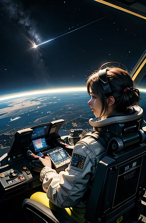 Masterpiece, 8k, high details, photorealistic, epic picture, very high definition, intricate details, futuristic, (piloting with a luminous joystick:1.5), view from space, a woman pilots an ovoid single-seater spaceship, the upper part is a rounded window ...