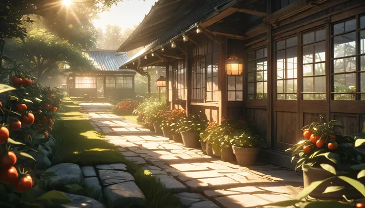 anime aestetic, farmers house, greenhouses, little apple-trees, eastern architecture, stone road, green grass, short grass, a little insect flying around, calm atmosphere, sun bloom, tomatoes in the greenhouse,  cinematic light, ray tracing ,atmospheric pe...