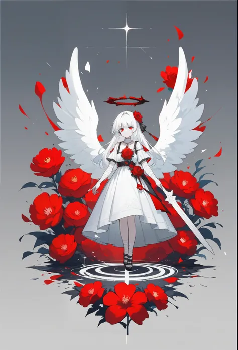 (masterpiece:1.3), (best quality:1.2), illustration, anime style, angel, white, gothic, bandages, glitch effect, white hair, red eyes, halo, wings, holding a flower, ((full body)) , (character:1.1): young girl with Long white hair, red eyes, white skin, ba...