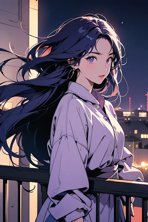 anime、High image quality、Woman standing on the balcony、Looking at the night view of the factory、Purple long hair、The wind is blowing、