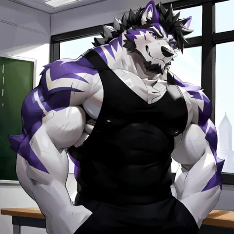 (Morning) , at School, Lobo, eyes, 1.92cm, purple eyes, furry Lobo, malamute do Alaska, suit, STANDING, holding a drink, black hair with white details, seductive eyes, firm and strong chest, muscular tank top, bodybuilder shape, 