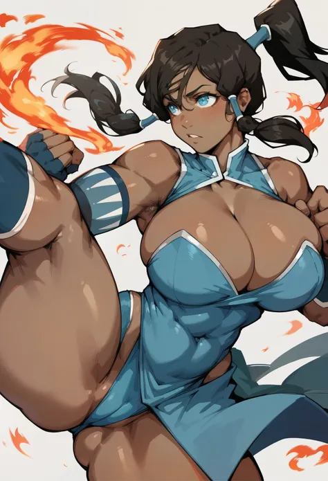 1girl black hair blue eyes breasts dark-skinned female dark skin huge breasts leotard firebending Fists with fire art Martial pose Kick, korra