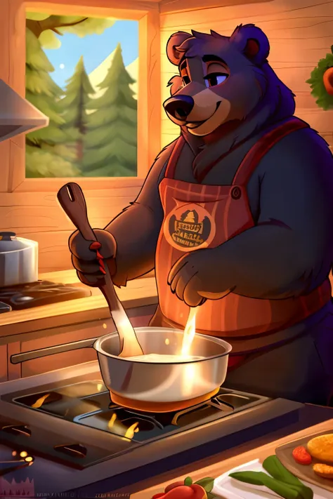 ((best quality)), ((masterpiece)), (detailed), (cartoon), bear, a anthromorphic bear cooking inside a wooden cabin kitchen holdi...