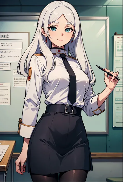 (highest quality:1.2, Very detailed, Latest, Vibrant, Ultra-high resolution, High Contrast, masterpiece:1.2, highest quality, Best aesthetics), Frieren as a Beautiful female teacher, sexy, white hair, (naturally sagging small breasts:1.2), business suit, N...