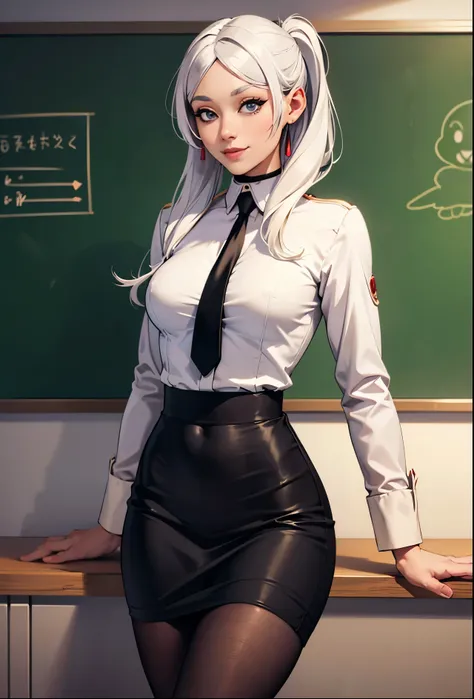 (highest quality:1.2, Very detailed, Latest, Vibrant, Ultra-high resolution, High Contrast, masterpiece:1.2, highest quality, Best aesthetics), Frieren as a Beautiful female teacher, sexy, white hair, (naturally sagging small breasts:1.2), business suit, N...