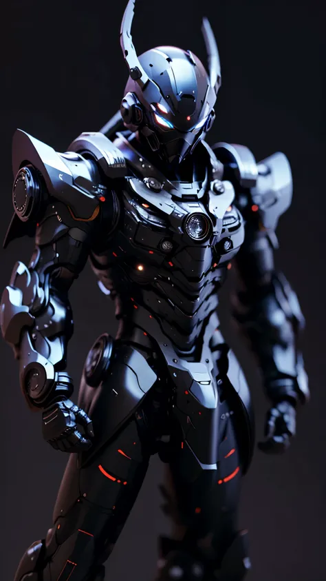 Futuristic black ninja, natural gray background, screen space reflection