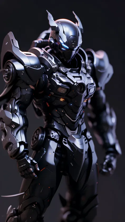 Futuristic black ninja, natural gray background, screen space reflection