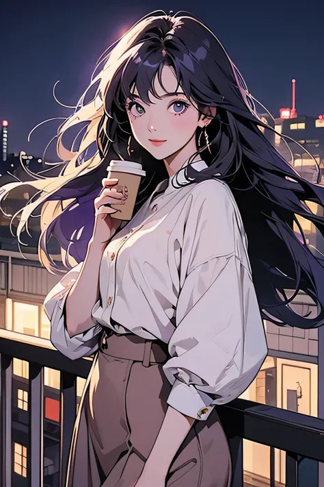 anime、High image quality、Woman standing on the balcony、Looking at the night view of the factory、Purple long hair、The wind is blowing、holding a coffee cup、White blouse、