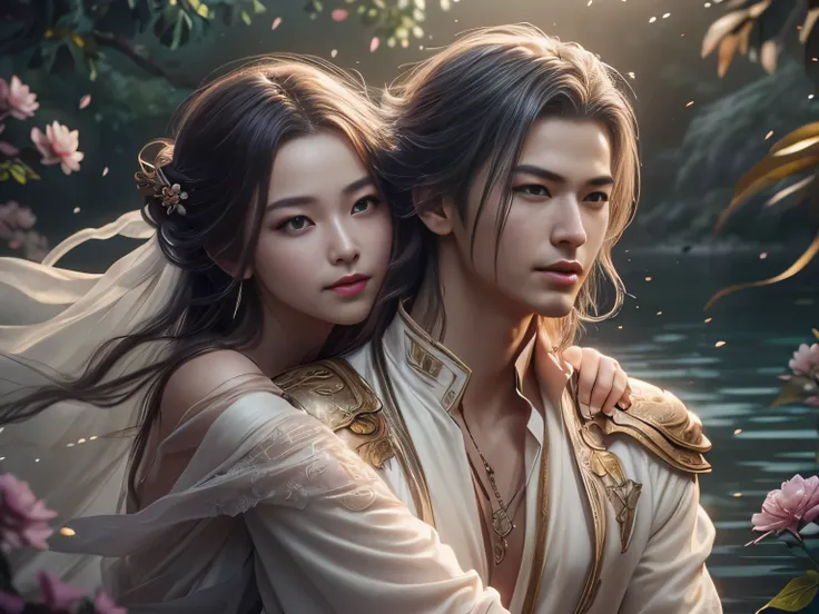 (Best Quality, Super Detail, Masterpiece, Representative Work, Official Art, Professional, Super Fine Detail, 8k:1.3), (photorealism:1.2), (Couple, Beautiful Girl and Boy), A couple in the sea of flowers, Handsome guy hugs beautiful girl from behind, Smili...