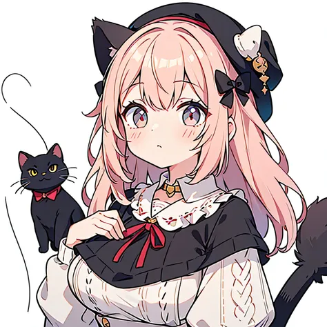 (masterpiece, Best Quality, One girl, Alone,, Super Fine, 8k) One girl, Pink medium hair, Bangs, 7:3 parting, Two Side Up, Hair ties, A little big boobs, Black knitted hat with black cat ears, Light beige cable knit, The white frills on the collar are tied...