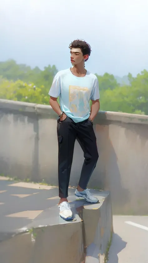 arafed man standing on a ledge with his hands in his pockets, full body picture, distant full body view, standing in road, full body photogenic shot, with a cool pose, casual pose, wearing pants and a t-shirt, cool pose, distant full body shot, candid pict...