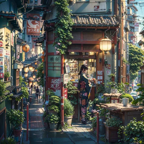 ((best quality: 1.5)), ((masterpiece: 1.5)), ((highly detailed: 1.3)), ((narrow Japanese street corner: 1.4)), ((coffee shop: 1.0)), detailed anime background art, beautiful anime scenery, urban Tokyo anime scene, vibrant Japanese signs, plant pots, glowin...