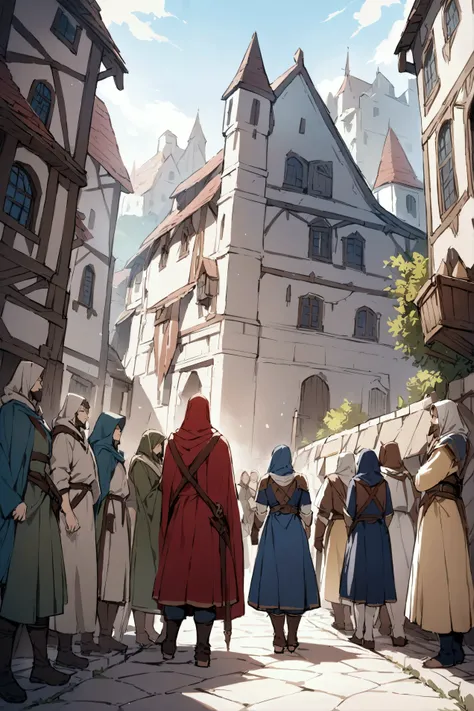 masterpiece:1.2, best quality, a group of people with various fantasy races , medieval themed, fantasy, against the backdrop of a building.