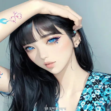 there is a woman with a tattoo on her arm and a tattoo on her arm, Popular South Korean makeup, popular Korean makeup, ulzzang, she has black hair with bangs, Lalisa Manobal, with full bangs, with bangs, black hair and big eyes, korean facial features, jin...