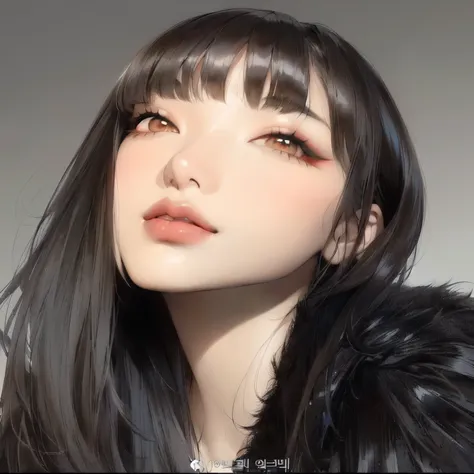 sultry woman with long black hair and a fur coat, ulzzang, aesthetically beautiful face, she has black hair with bangs, Popular South Korean makeup, popular Korean makeup, sakimichan, thin, pale lips, with bangs, Brown bangs, brown hair with bangs, Clean, ...