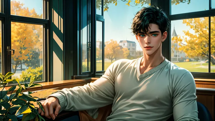 Handsome young man, black hair, short hair, blue eyes, ombros largos, masterpiece, Absurd, beautiful and detailed face, with dark green long sleeved sweater, Sunny daytime environment, sitting in a colorful classroom with glass windows where there is a vie...