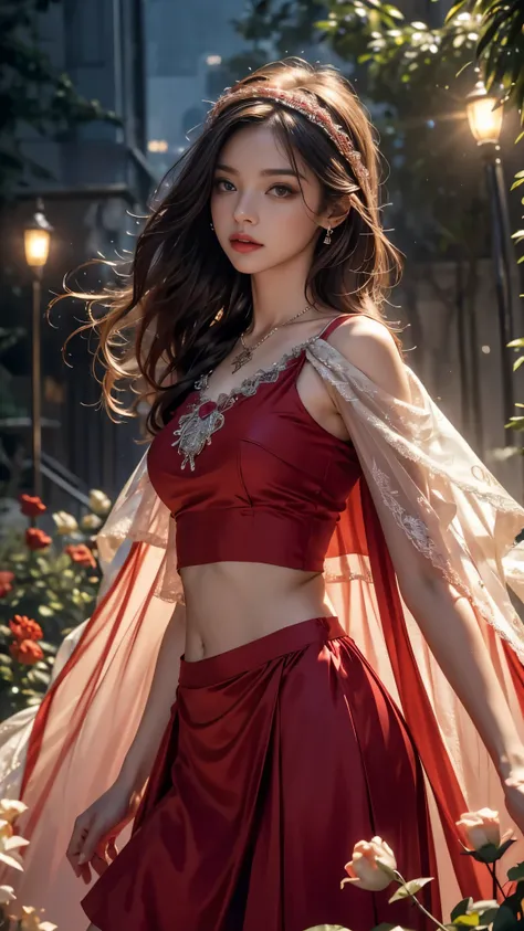 Top quality, masterpiece, ultra high definition, Original photo, 1 Girl, ((soft sardine)), cinematic lighting, very long hair, detailed eyes, small breasts, wind, necklace, piercing, ((soft dress)), ((soft clothing)), ((red dress)), ((soft lace)), ((soft c...