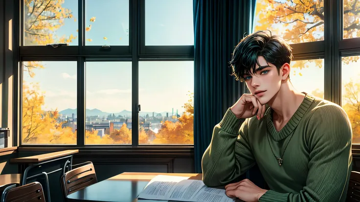 Handsome young man, black hair, badboy, short hair, blue eyes, ombros largos, masterpiece, Absurd, beautiful and detailed face, with dark green long sleeved sweater, Sunny daytime environment, sitting in a colorful classroom with glass windows where there ...