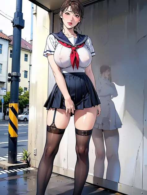 (masterpiece, Highest quality:1.2), One Girl, alone, whole body, Big Breasts,, Brown Hair,Big Breasts, Brown eyes, Mature Woman, blush, , She is standing on the street,whole body, Brown Hair, lipstick, ランダムなカラーのSailor suit、((High quality fabric, Sailor sui...