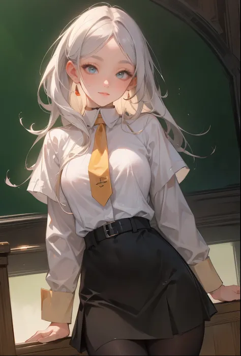 (highest quality:1.2, Very detailed, Latest, Vibrant, Ultra-high resolution, High Contrast, masterpiece:1.2, highest quality, Best aesthetics), Frieren as a Beautiful female teacher, sexy, white hair, (naturally sagging small breasts:1.2), business suit, N...