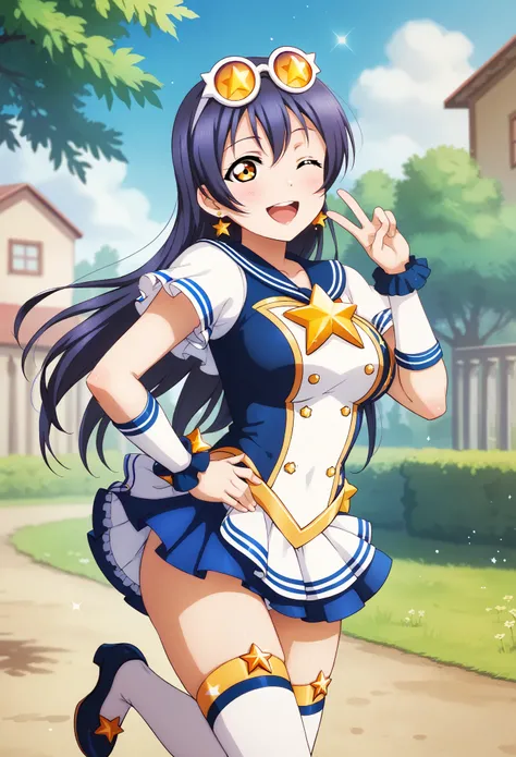 Masterpiece, best quality, Sonoda umi love live,(white and blue leotard), magical girl ,star glasses, earrings, thighhighs, breasts,outdoors,day,golden eyes,(blushing:1.2),mini skirt, side slit , big Breasts ,wink, hand on hip,v, standing on one leg, smile...