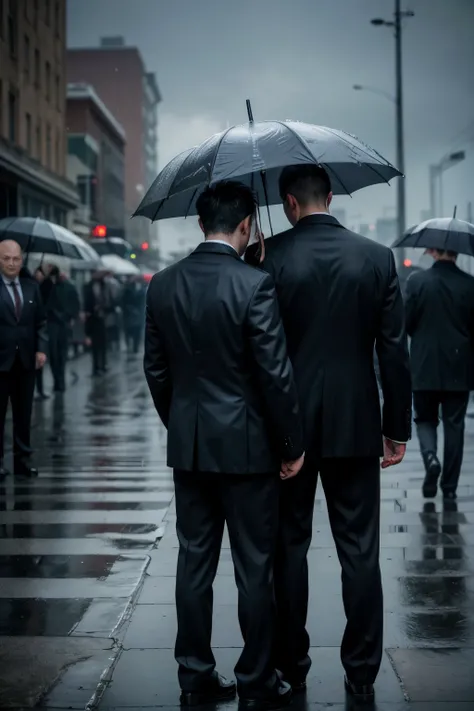 A man facing us shakes the hand of a man with his back to us. He has his head bowed and a look of anguish and sadness - both of them are dressed in dark suits. They are at a funeral. Its raining, in the background some people are with umbrellas.