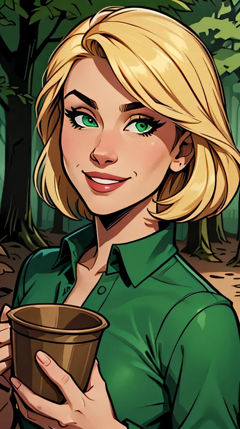 Pdctor,blonde hair ,short hair,green eyes,cups,smile,
Standing, 
forests,dark,darkest dungeon,,gas in the background,
(incredibly detailed, detailed and beautiful face, masterpiece, best quality),