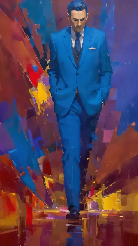 A faceless figure dressed in a suit, standing tall in an abstract landscape where vibrant, chaotic strokes of color represent the struggles and triumphs of life. Bold reds and purples symbolize ambition and passion, while deep blues and greens reflect mome...