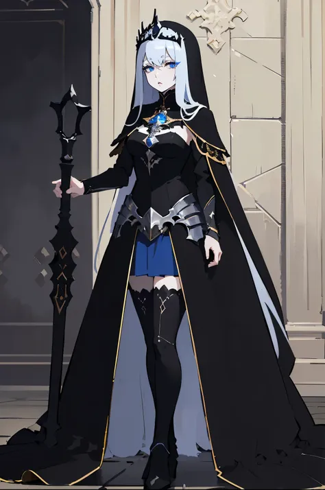 masterpiece, 1 girl, solo, long black hair, hair over face, long black/blue dress, silver heavy armor, tiara, black veil, long c...