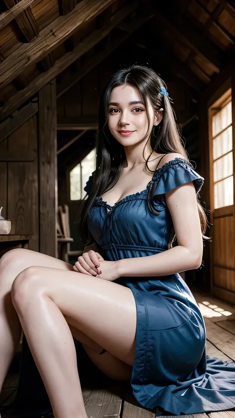 beautiful woman. white skin. Long black hair. ojos morados. smiling. She wears a blue medieval dress. neckline. You can see her legs. Inside an old medieval hut.