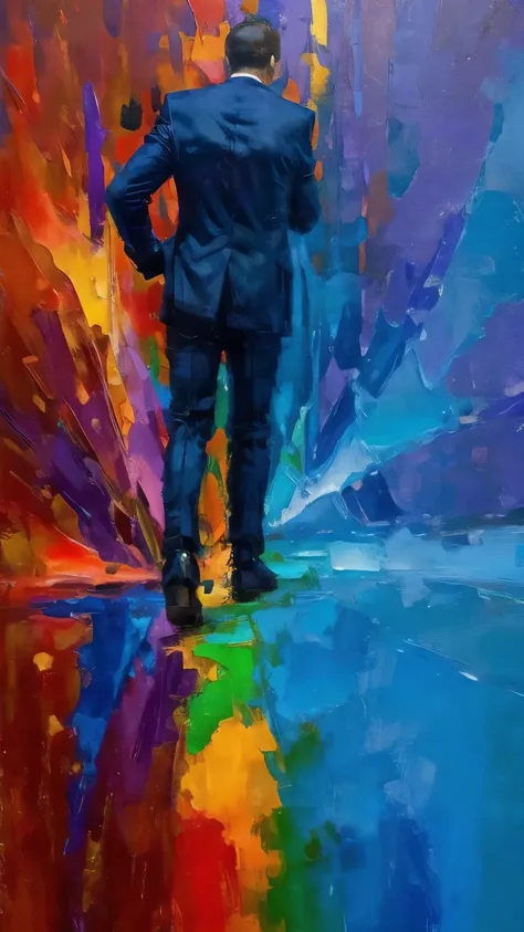 A faceless figure dressed in a suit, standing tall in an abstract landscape where vibrant, chaotic strokes of color represent the struggles and triumphs of life. Bold reds and purples symbolize ambition and passion, while deep blues and greens reflect mome...