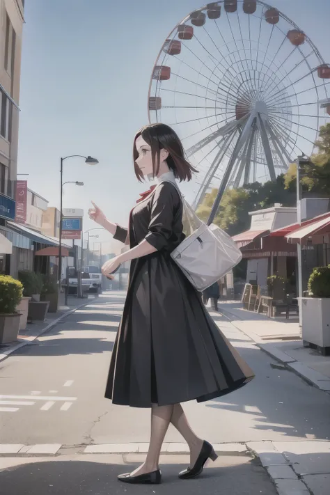 Araffe woman walking down a sidewalk with a ferris wheel in the background