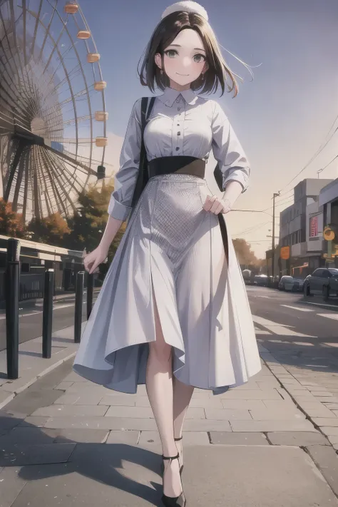 Araffe woman walking down a sidewalk with a ferris wheel in the background