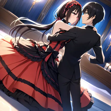 1 couple, dancing in a ballroom together, beautiful eyes, girl with astral dress (kurumi tokisaki), boy with black hair, best li...