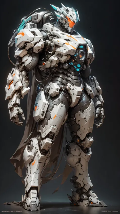 Prompt:
Create a futuristic mech warrior with a bulky, imposing build. The mech should be primarily white with teal and orange accents, and its design should be heavily armored and equipped with various weapons and gadgets. The lighting should be dramatic,...