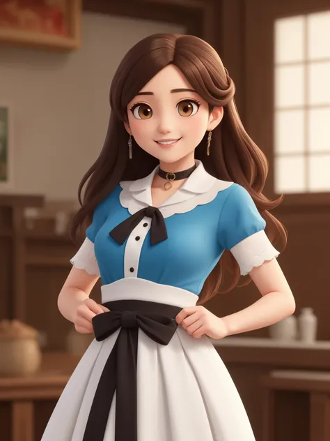 ((masterpiece)),((Please redeem)),((Super detailed)),One Woman,Perfect body,Perfect Face,beautiful流れるような髪,beautiful細かい目,彼女は肌がwhiteく、Long dark brown hair. , Round face, Cute lovely smile, Brown eyes, Black choker on woman&#39;s neck,wearing a thin white she...