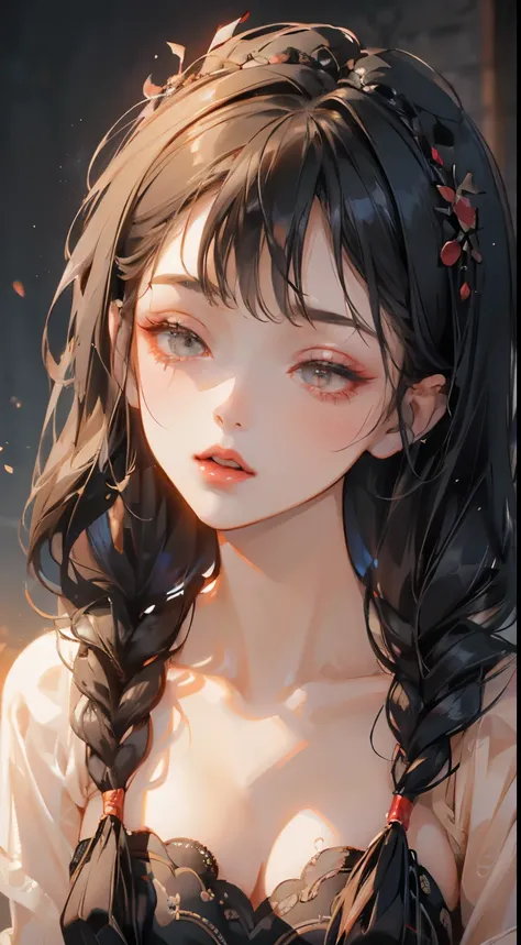 Amazing portrait of a woman who is 30 years old and an adult and a sexy woman in a bedroom with a beautiful detailed face emphasised by some amazing makeup wearing an orange maxi dress with floral patterns and a square neckline that emphasizes her medium c...